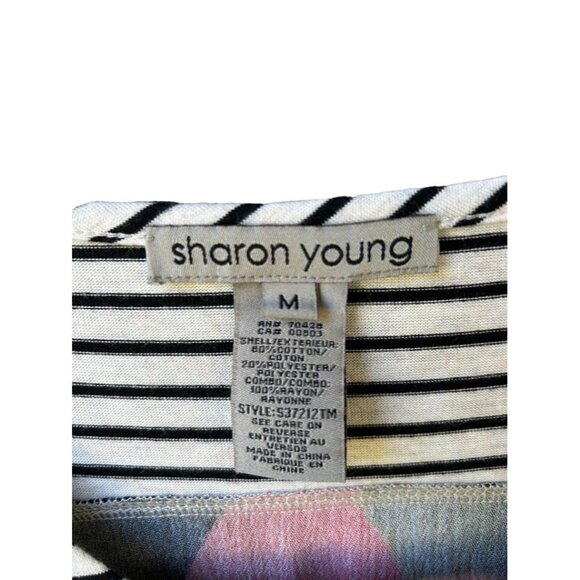 Sharon Young Long Sleeve Top Medium Striped  V-Neck With Floral Patchwork Design - Picture 4 of 4